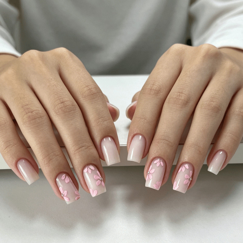 48p Short Square Press on Nails, Milky White French Pink Floral Cute Daily Nails