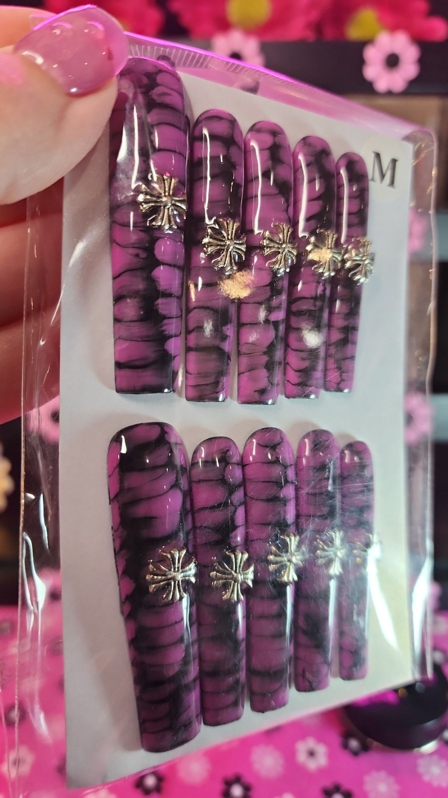 Medium Size Super Long Pink Wild Cross Square Press-on Nail Set