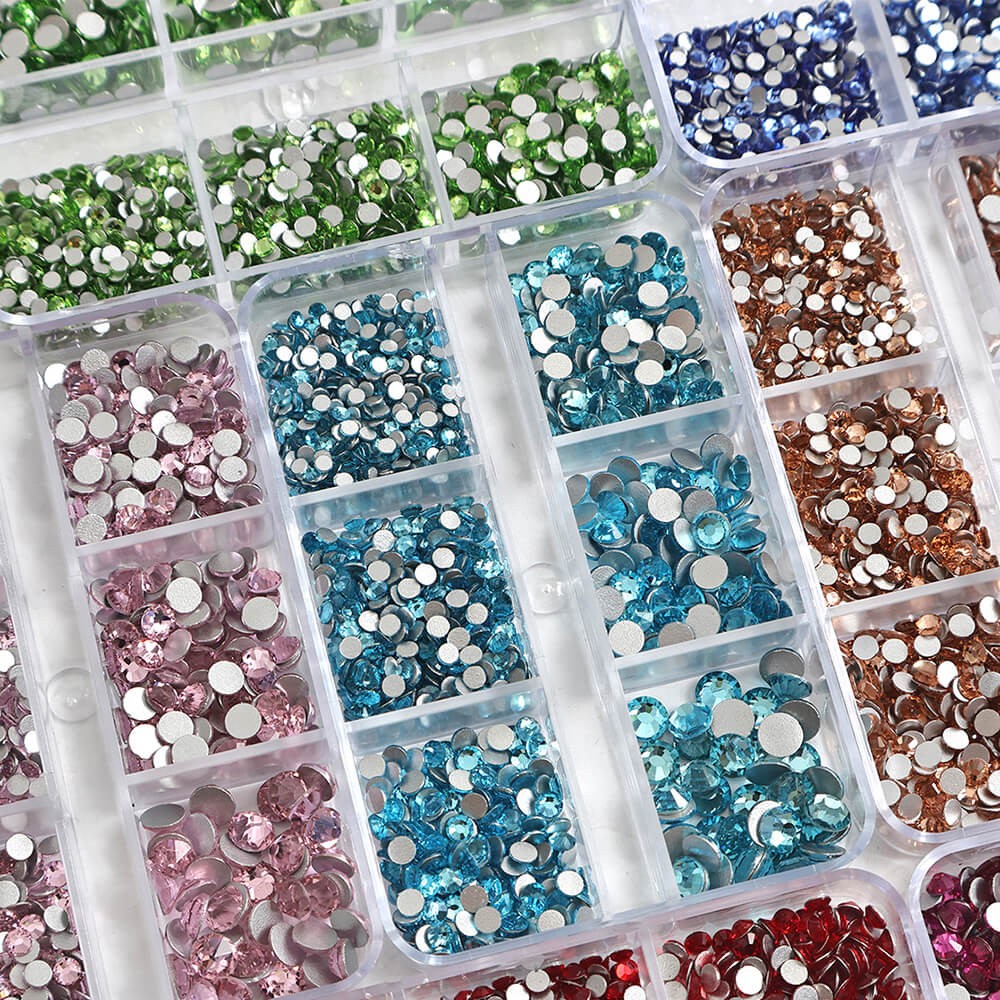 1 Box of 2000pcs Flatback Glass Rhinestones in 6 Sizes for Nail Art & Crafting