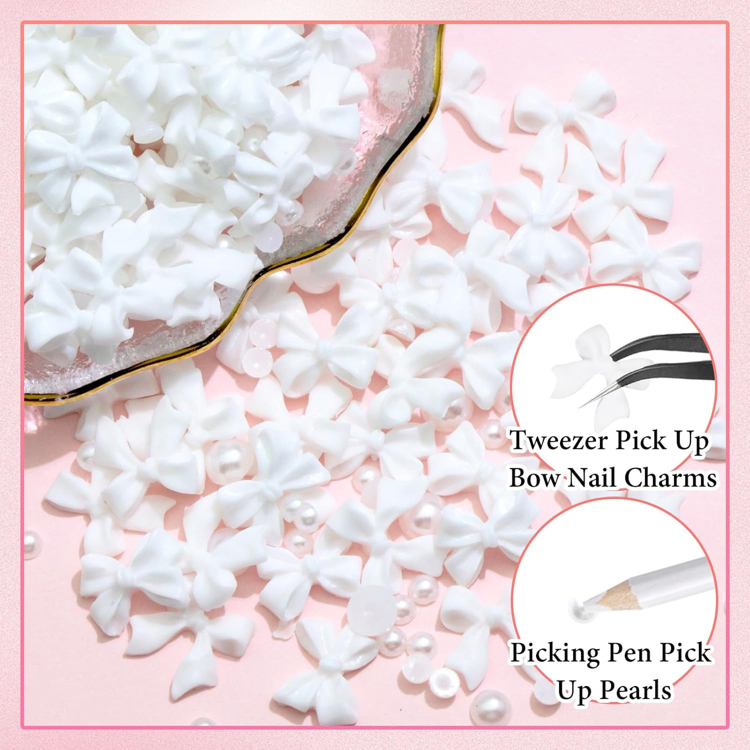 300Pcs Bow Nail Charms and Flatback Pearls,White Bowknot 3D Cute Nail Charms for