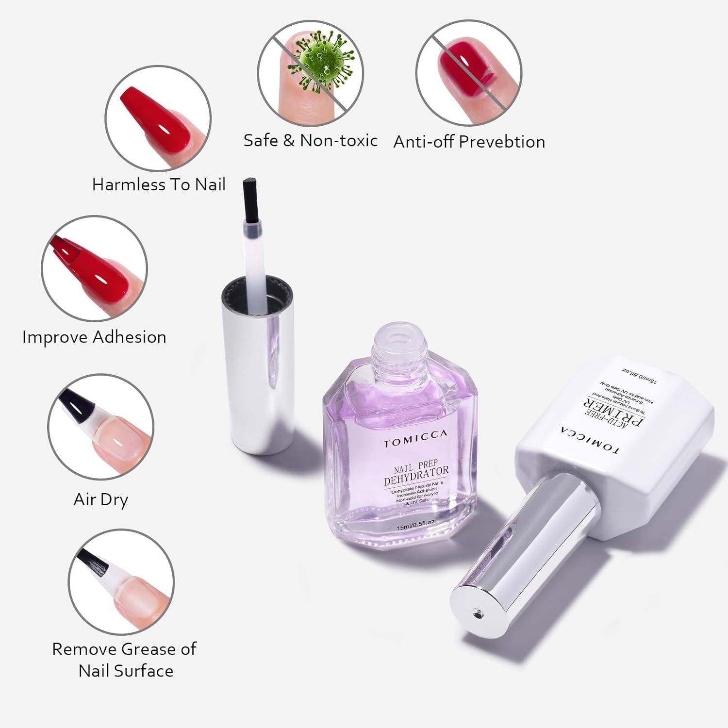 Nail Primer & Nail Prep Dehydrator Set, 15ml Professional Acid-Free Bond Primer