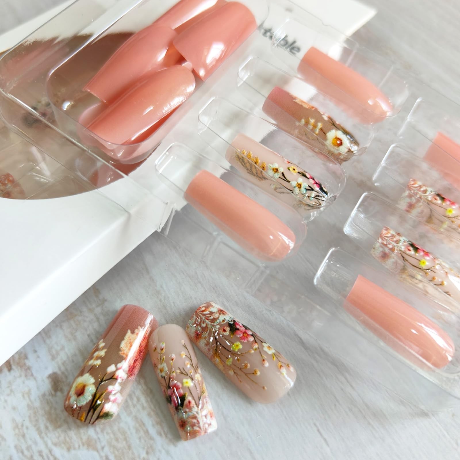 Flower Press on Nails Medium Coffin Fake 0.04 Fl Oz (Pack of 24), Pink