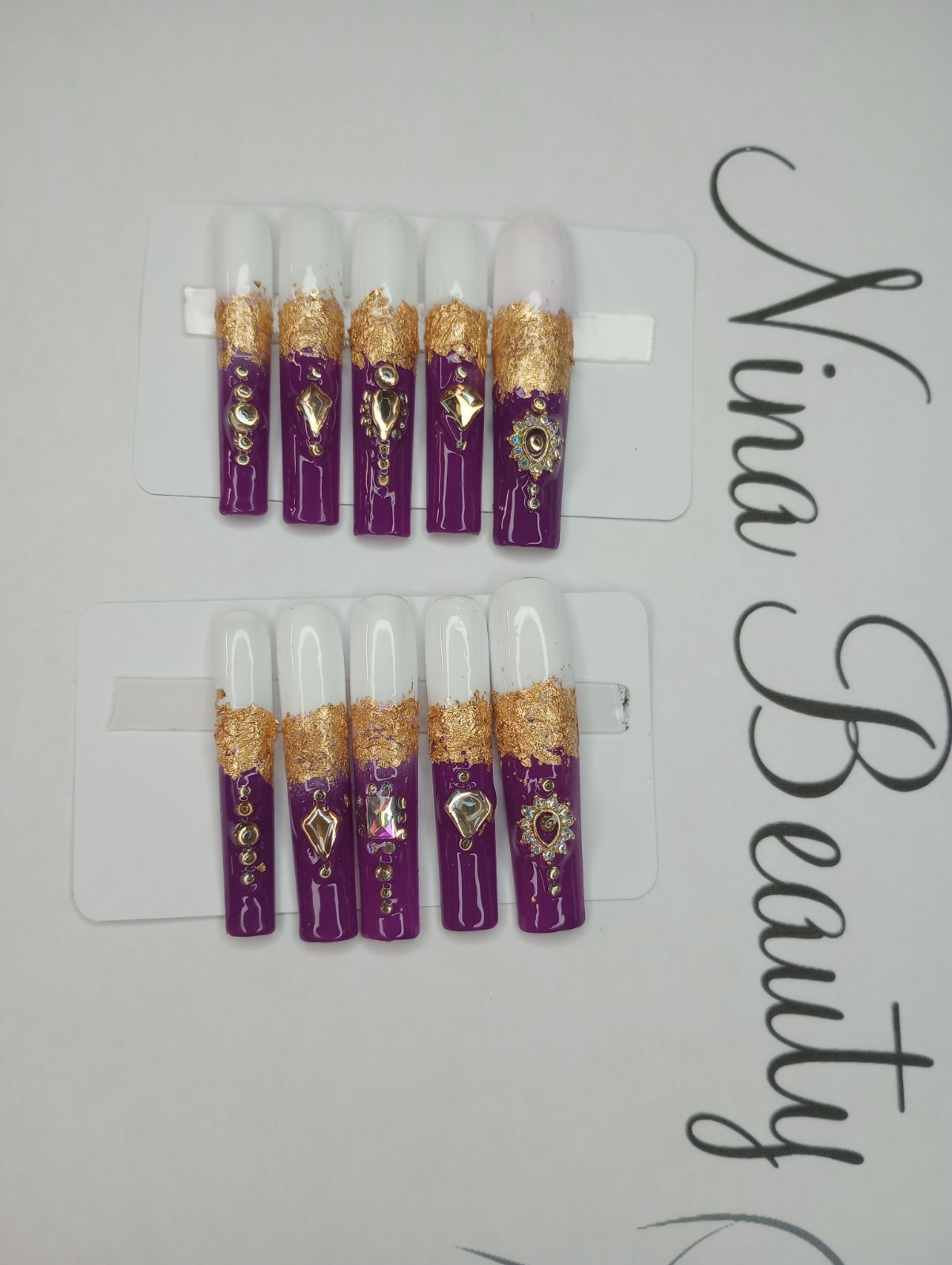 Nail Art Press On XXL long nail art purple gold white rhinestone 20 nails