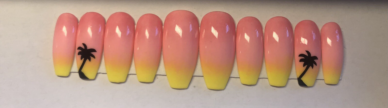 pink yellow ombre with palm trees press on nails