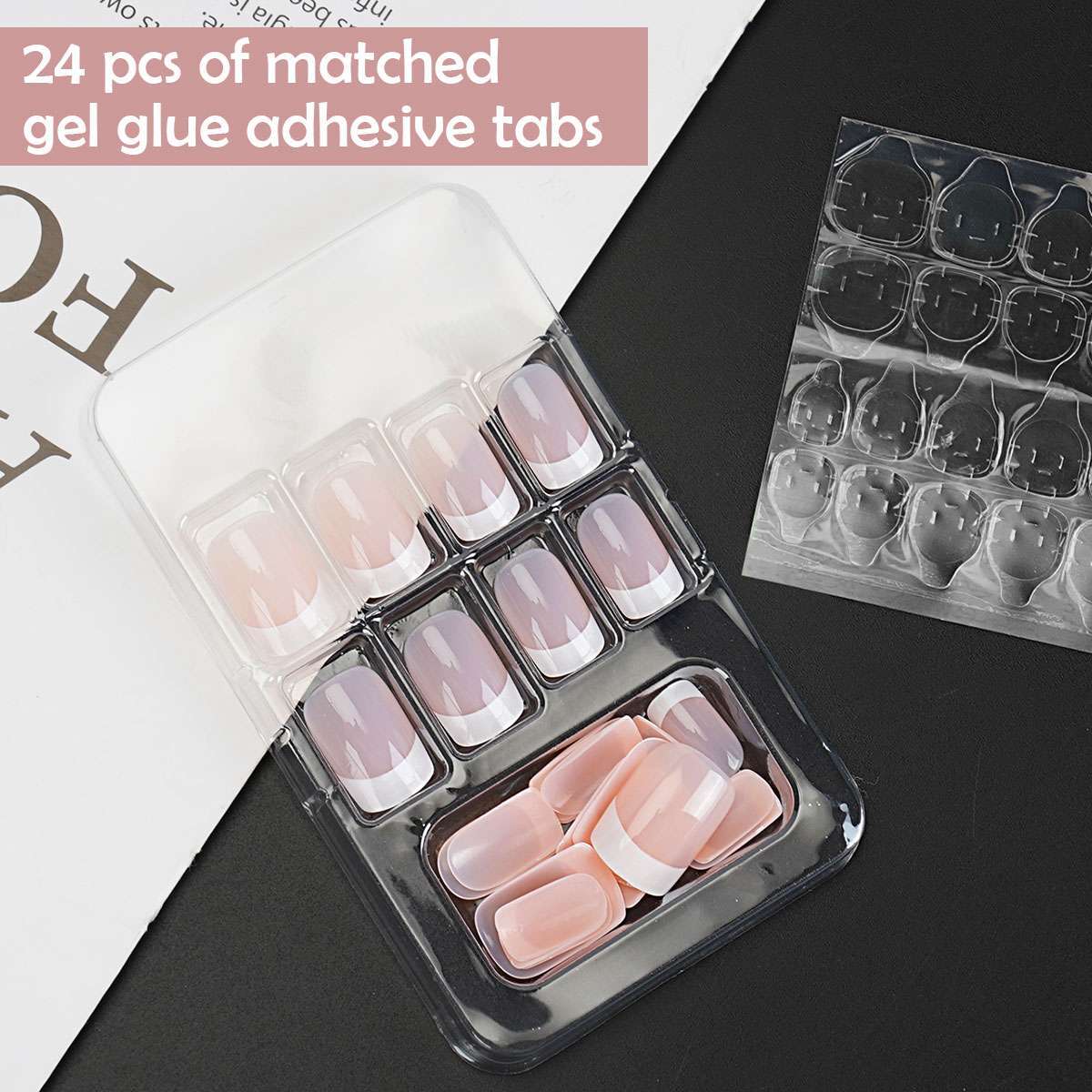 24pcs Short Square White French Style Fake Nail False Nails Press On Nails Glue