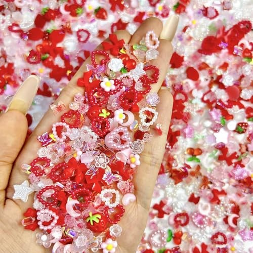100pcs 3D Pink Red Strawberry Flower Nail Charms Camellia Rose Cherry