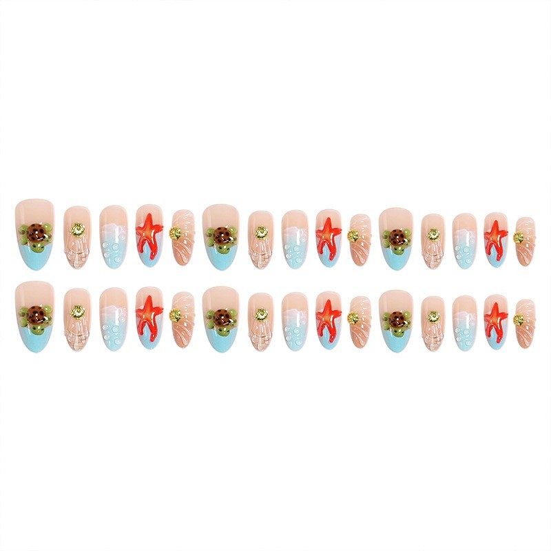 48Pcs-Long Almond Nude Blue Ocean Starfish Turtle Shell Press on Nails