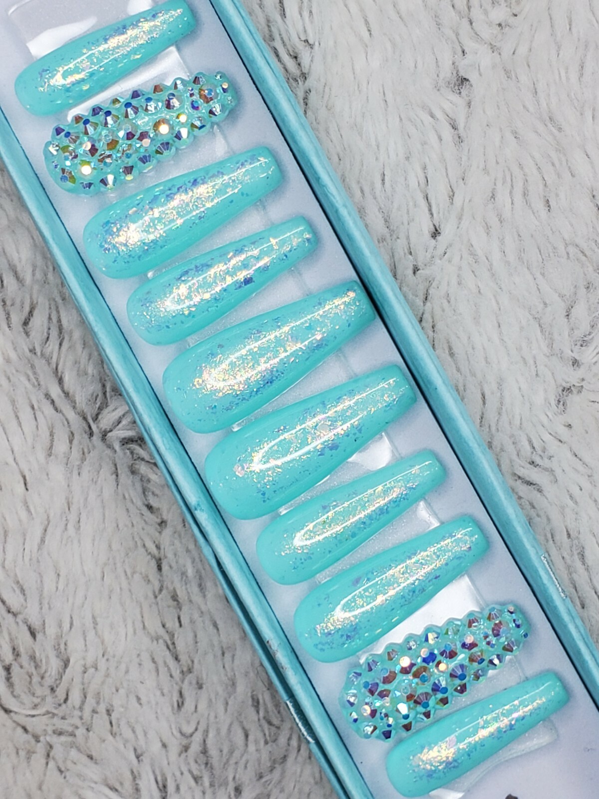 Teal green Mermaid crystal opal glitter bling press on nails luxury diamond