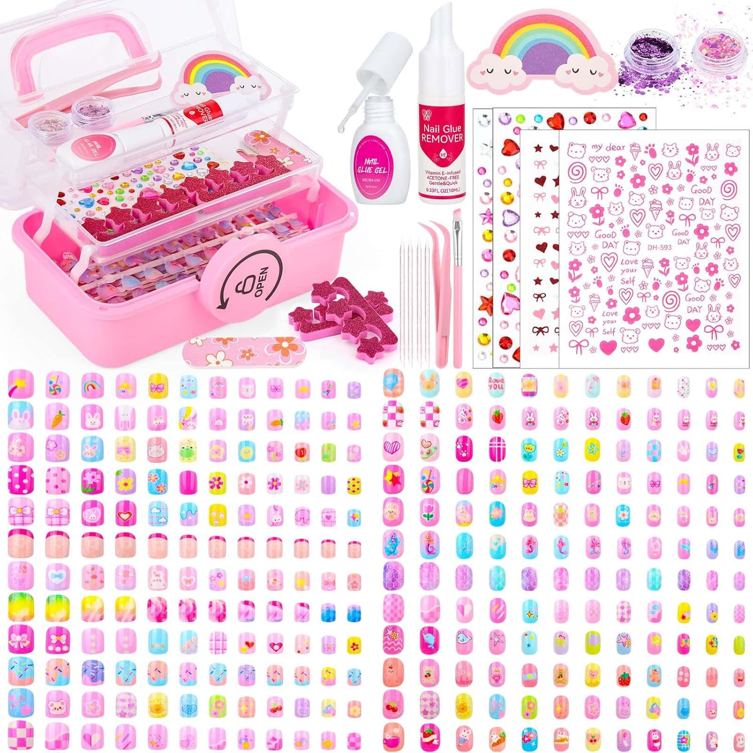576 Pcs Kids Nails and Glue, Girls Press Ons Nail Art Kit with Storage Case, Fak