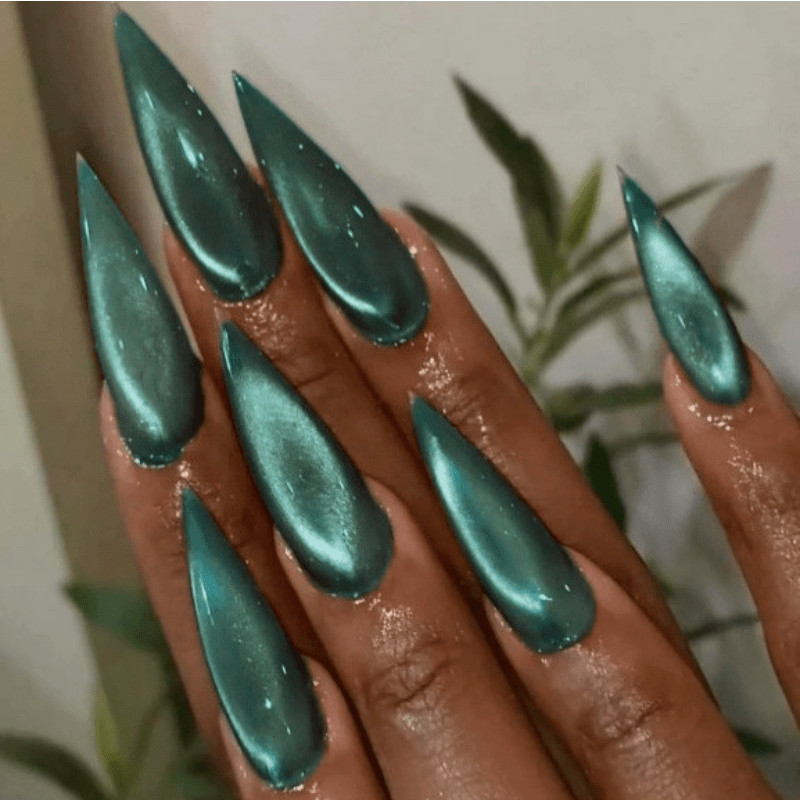 60Pcs Teal Chrome Press on Nails, Long Stiletto Mirror Glossy Fake Nails