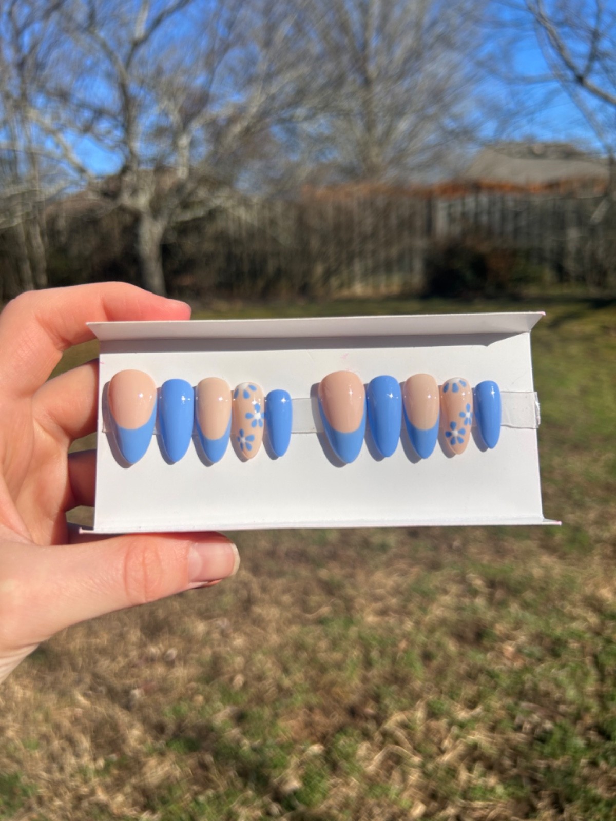 Handmade Bluish Purple Almond Press On Nails, Medium Length with Flowers