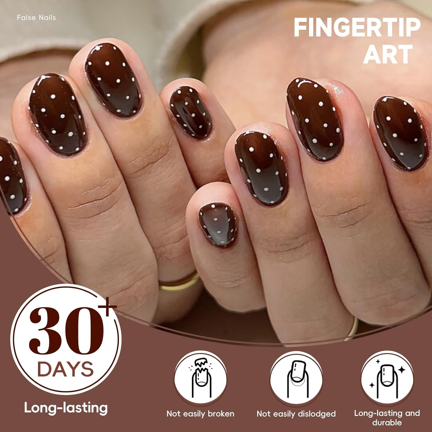 Dark Brown Red Polka Dot Press on Nails Short Oval, 24Pcs Glossy Fall Winter Glu