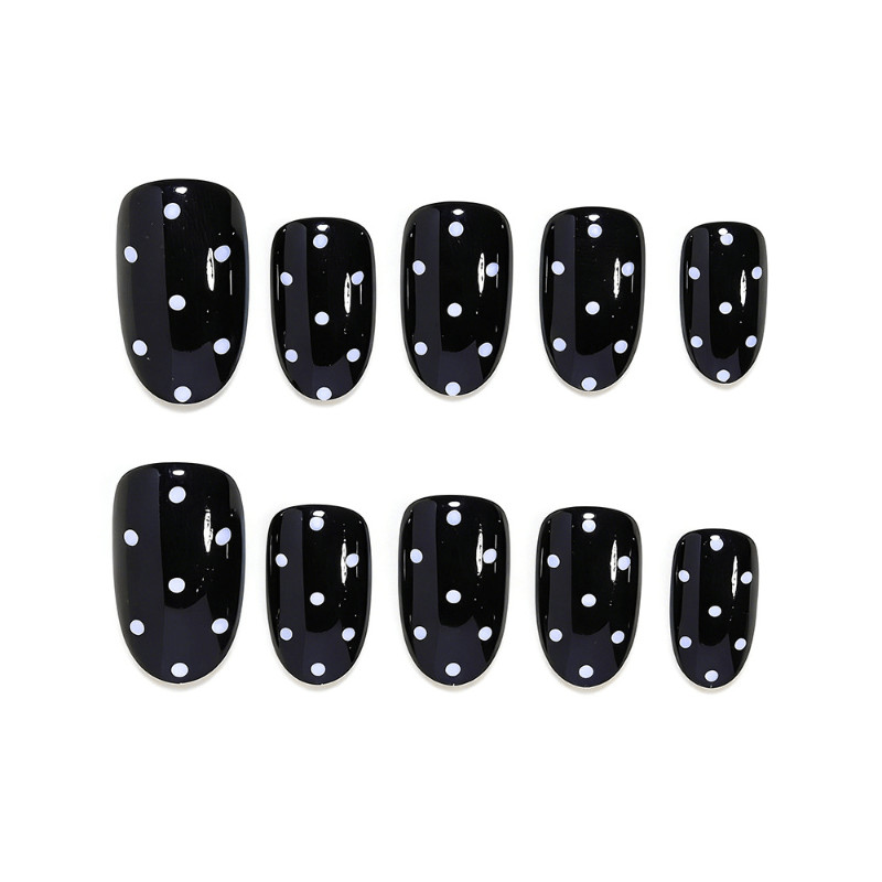 48pcs Oval Press On Nails, Solid Black Base with White Polka Dots, Glossy