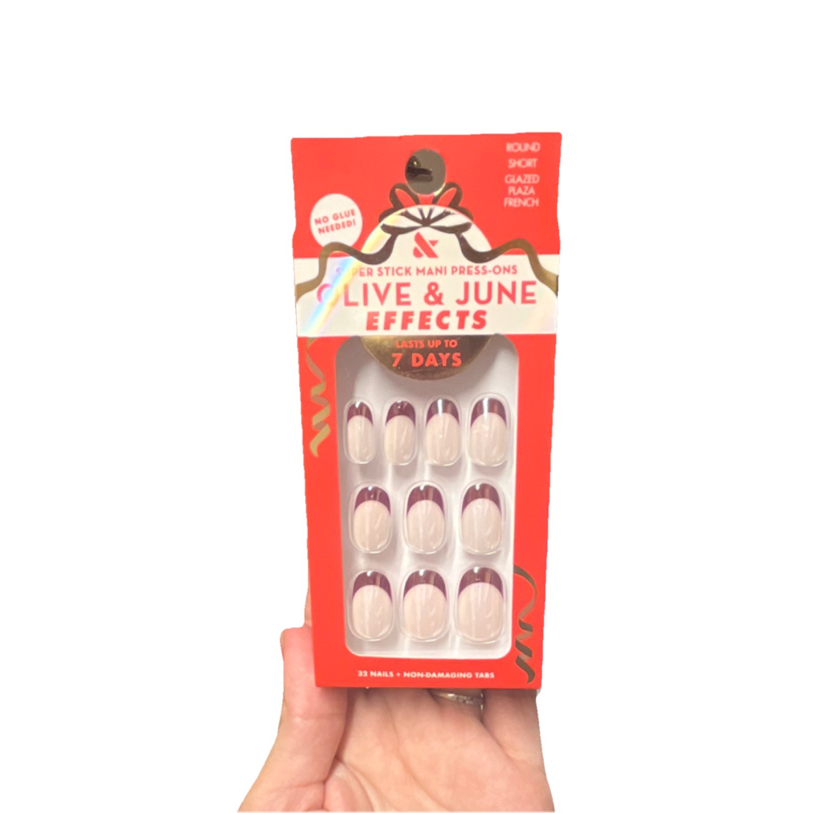 Olive & June Super Stick Press-On Nails Holiday, French Chrome, Short Round