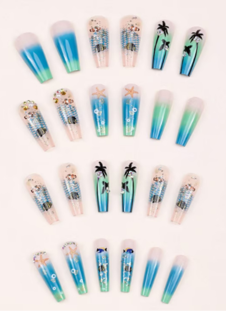 Blue Rhinestones Pearl Palm Tree Ocean Summer Style Press On Nails NEW coffin