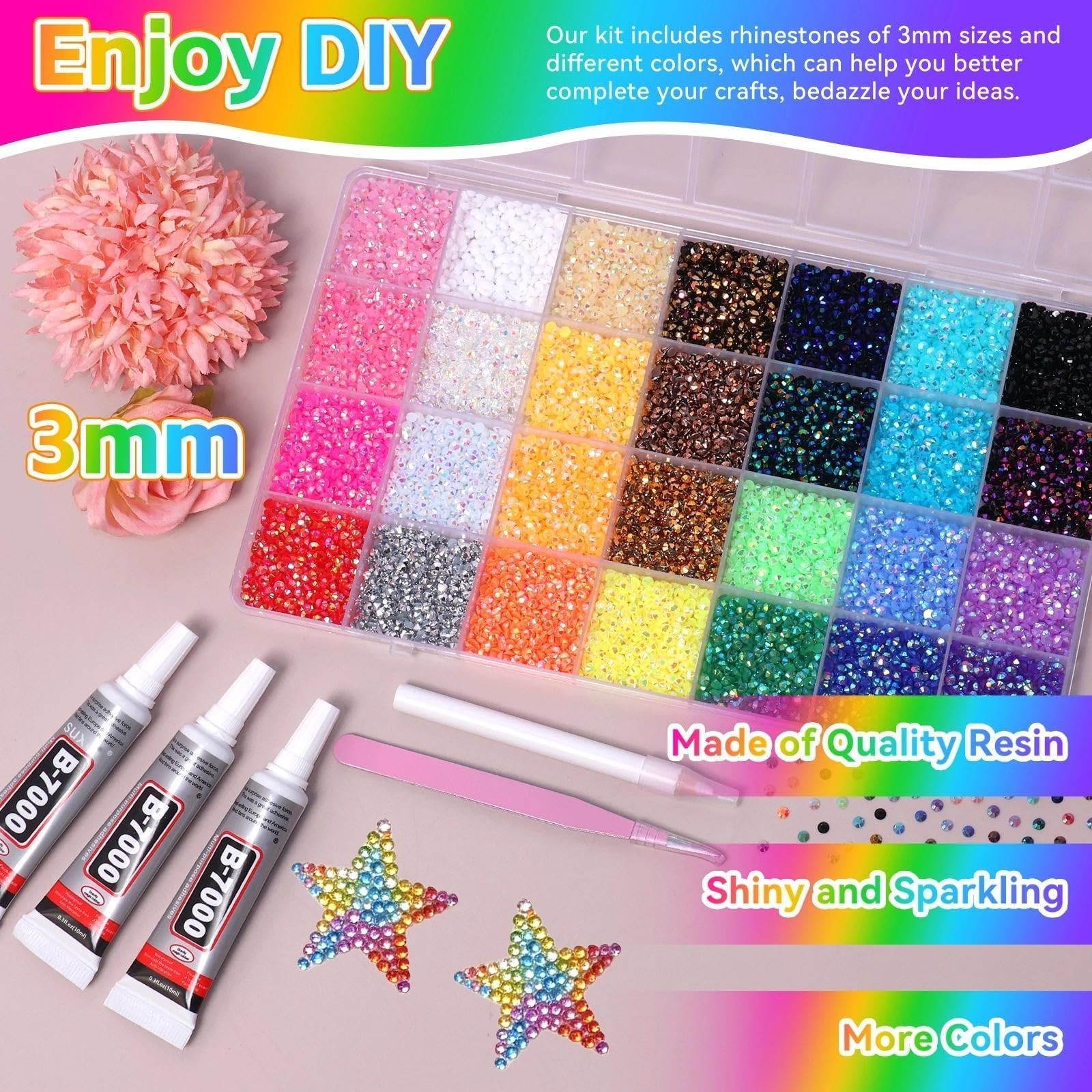 32000 Pcs Rhinestones for Bedazzling Kit with Tools, 3mm Flatback Resin Gems