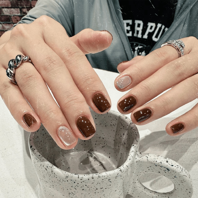 48pcs Short Square Press on Nails, Dark Brown Silver Glitter Gloss Nails
