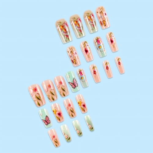 SINSEN Spring Press on Nails Medium Square Fake Nails Colorful Flower style8