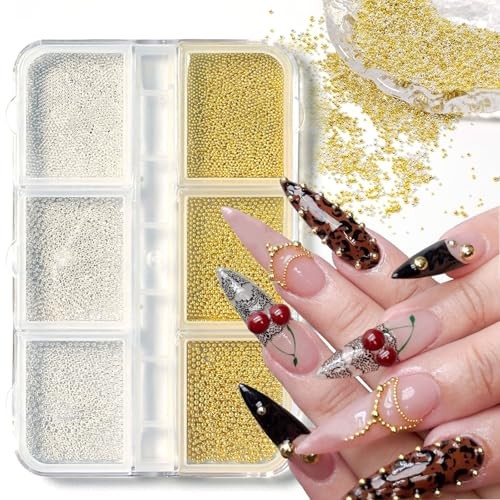 1 Box/6Grid 3D Mixed Sizes Nail Art Charms Gold Silver Mini Metal Caviar gold