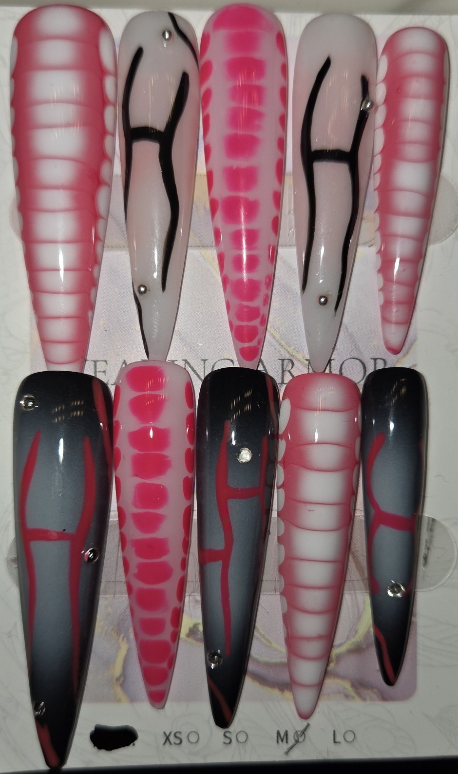 Acrylic Extra Long Stiletto Pink White Black Gray Pattern Full Cover Nails-M