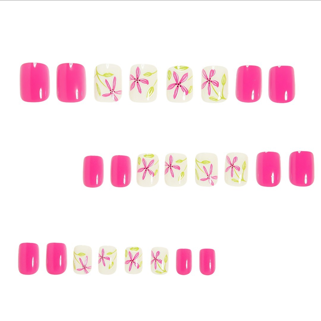 “Short Square Press On Nails Pink Floral Set Fake Nails Summer Full Cover