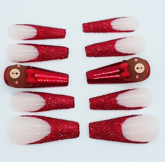Red French Nails Red Glitter Nails 3D Kawaii Teddy Bear Chrome Nails- Clearance