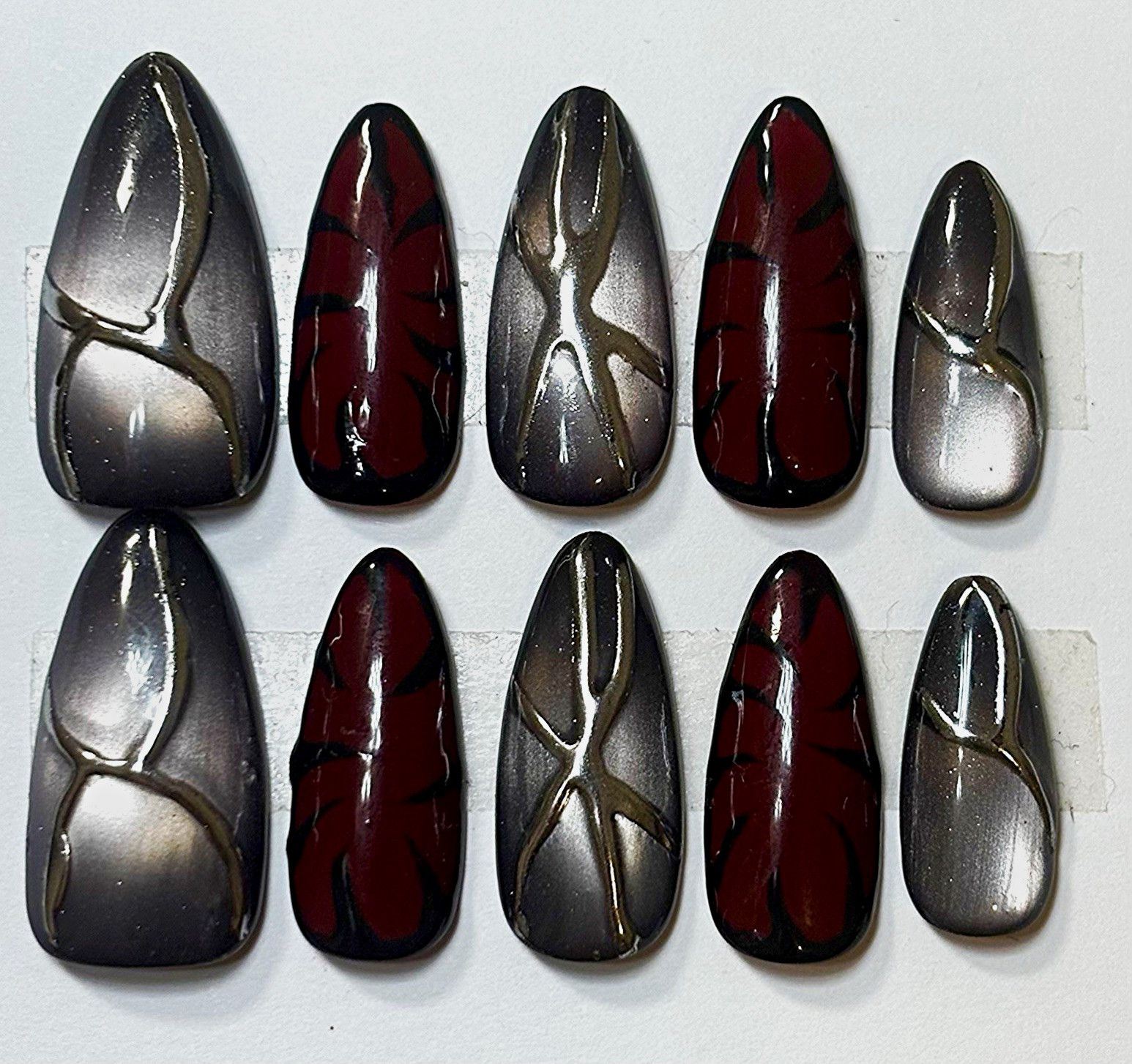 Gray Cat Eye Silver Chrome Red Black Design Almond Press On Nails in Medium Size