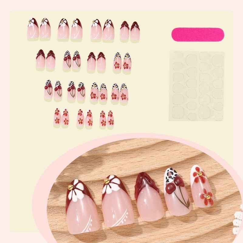 60pcs Short Almond Press on Nails, Wine Leopard 3D Cherry Red Floral Nails