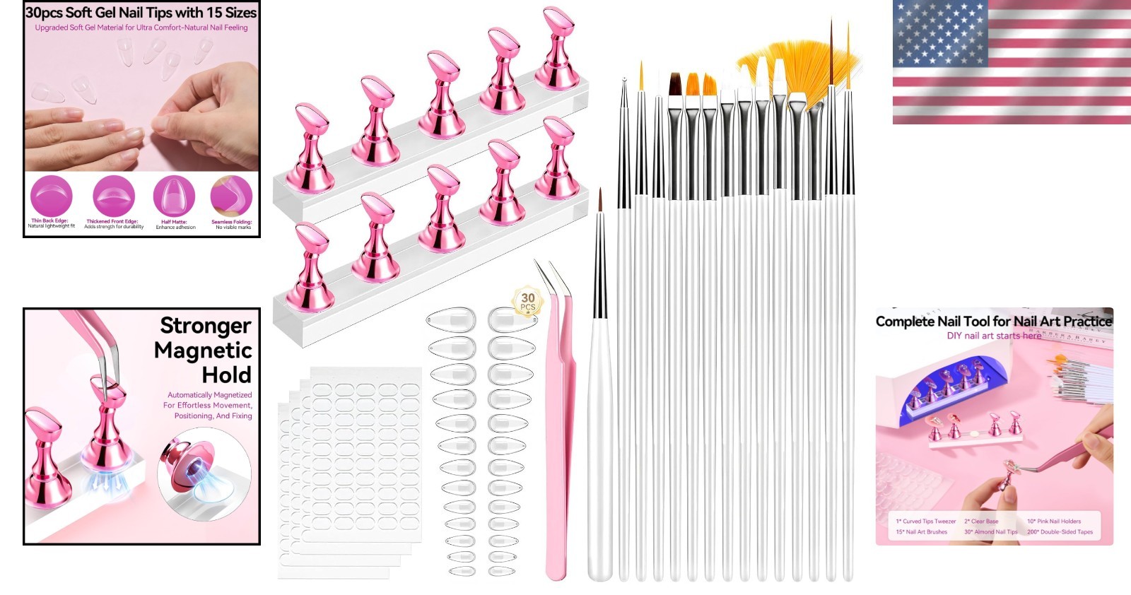 Complete 30pcs Press-On Nail Art Kit with Magnetic Stand & Brushes for Beginners