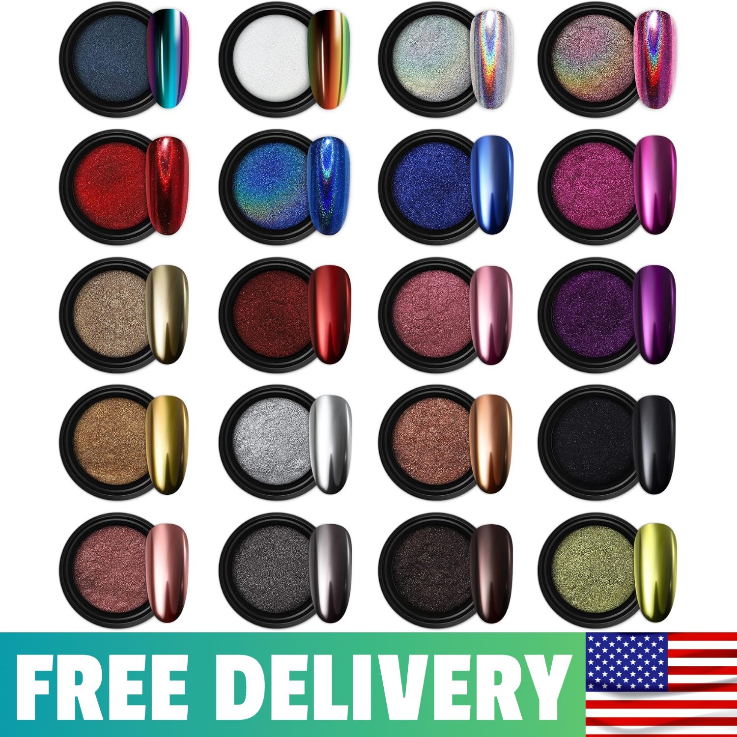 20 Jars Chrome Nail Powder Set Metallic Mirror Effect Holographic Aurora