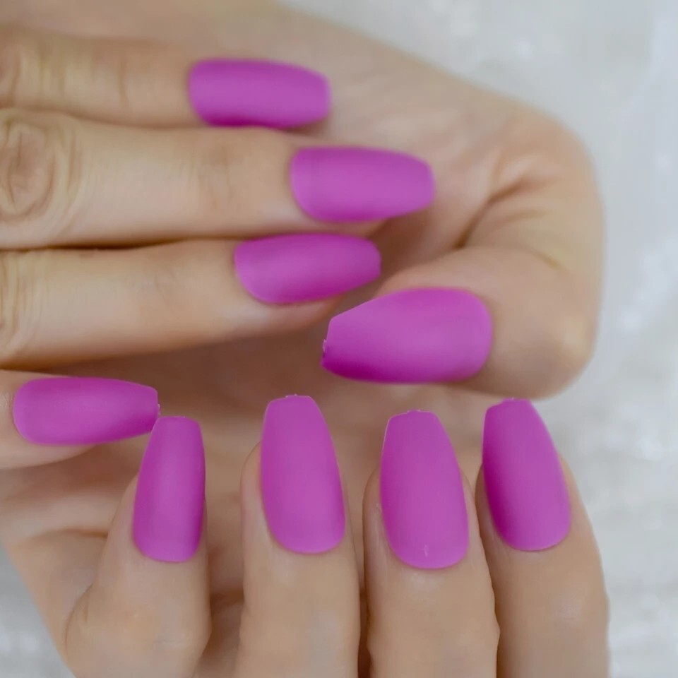 24 Matte Fuschia Press On Nails w/ Glue glitter bright purple medium coffin