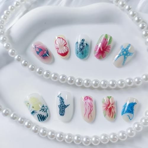 Short Almond Press on Nails – Beach Ocean Theme – Starfish Style – 10 Nails