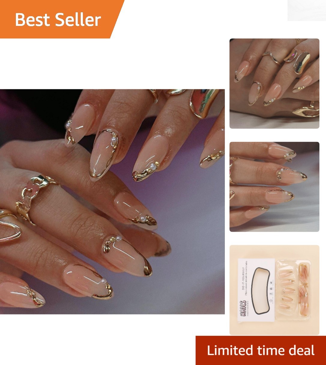 Fashionable 24 Pcs Gold Line French Tip Almond Nails – Easy Application