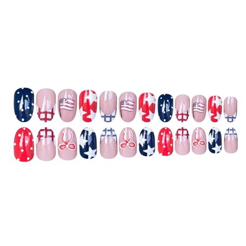 4th of July Press on Nails Short ALmond Checkered Bow Star Polka Dots Designs