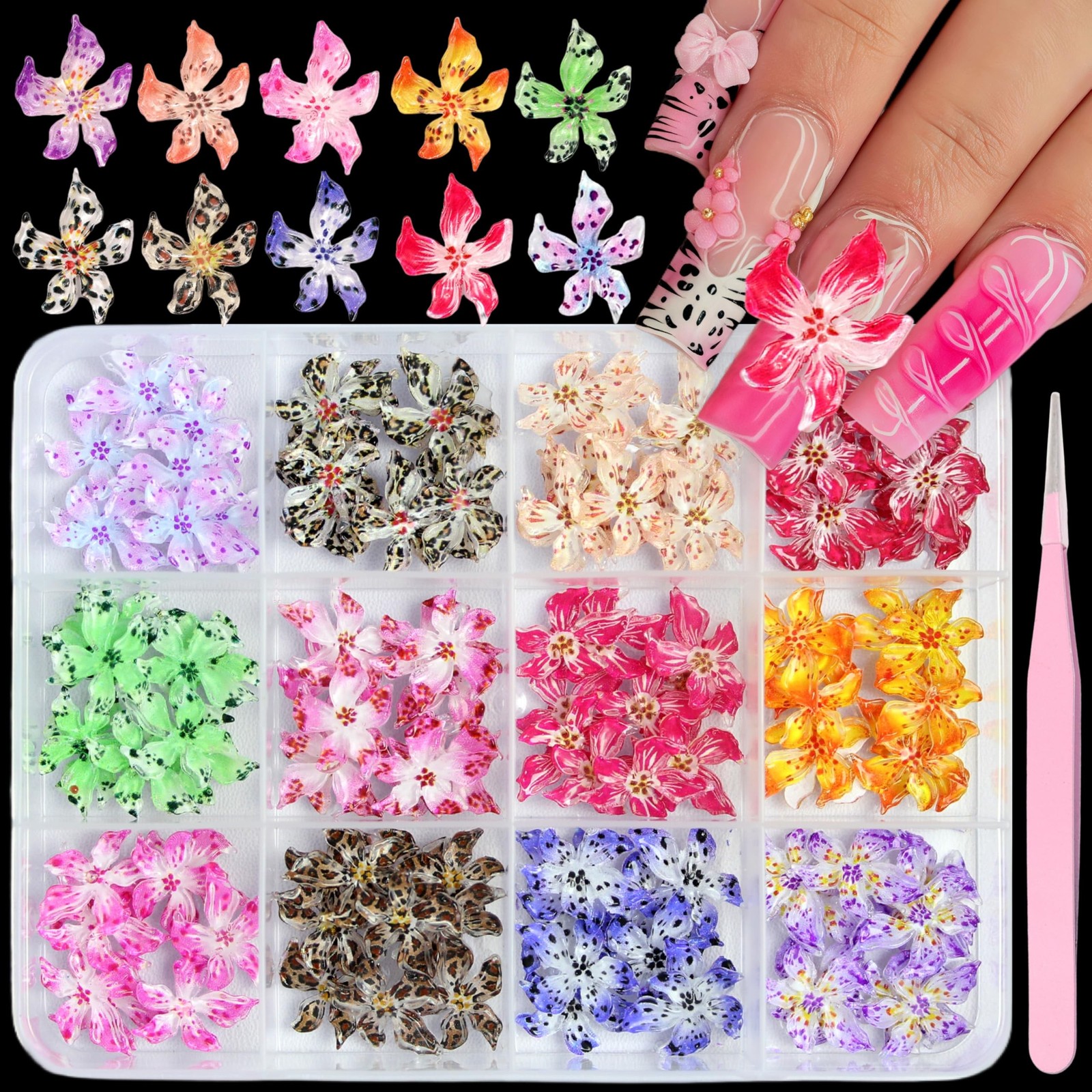 120Pcs 12 Grids Flower Nail Art Charms Cute Hawaii Flower Nail Rhinestones Co…