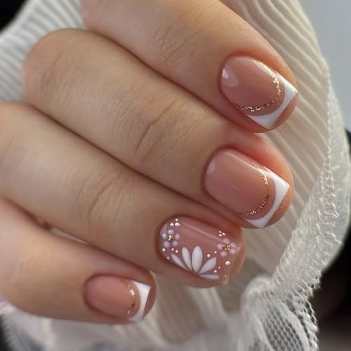 Square Press On Nails Short – Nude Pink French 60-White Flower with Gold Trim