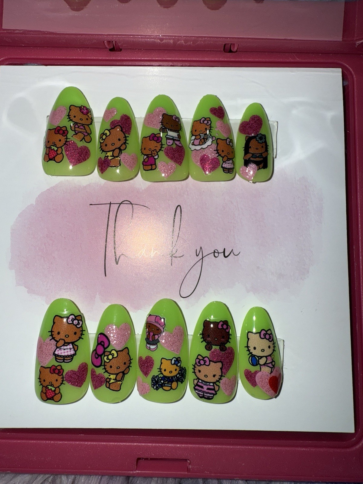 Custom Lime Green Hello Kitty Press On Nail Set Pink Hearts Almond Full Cover