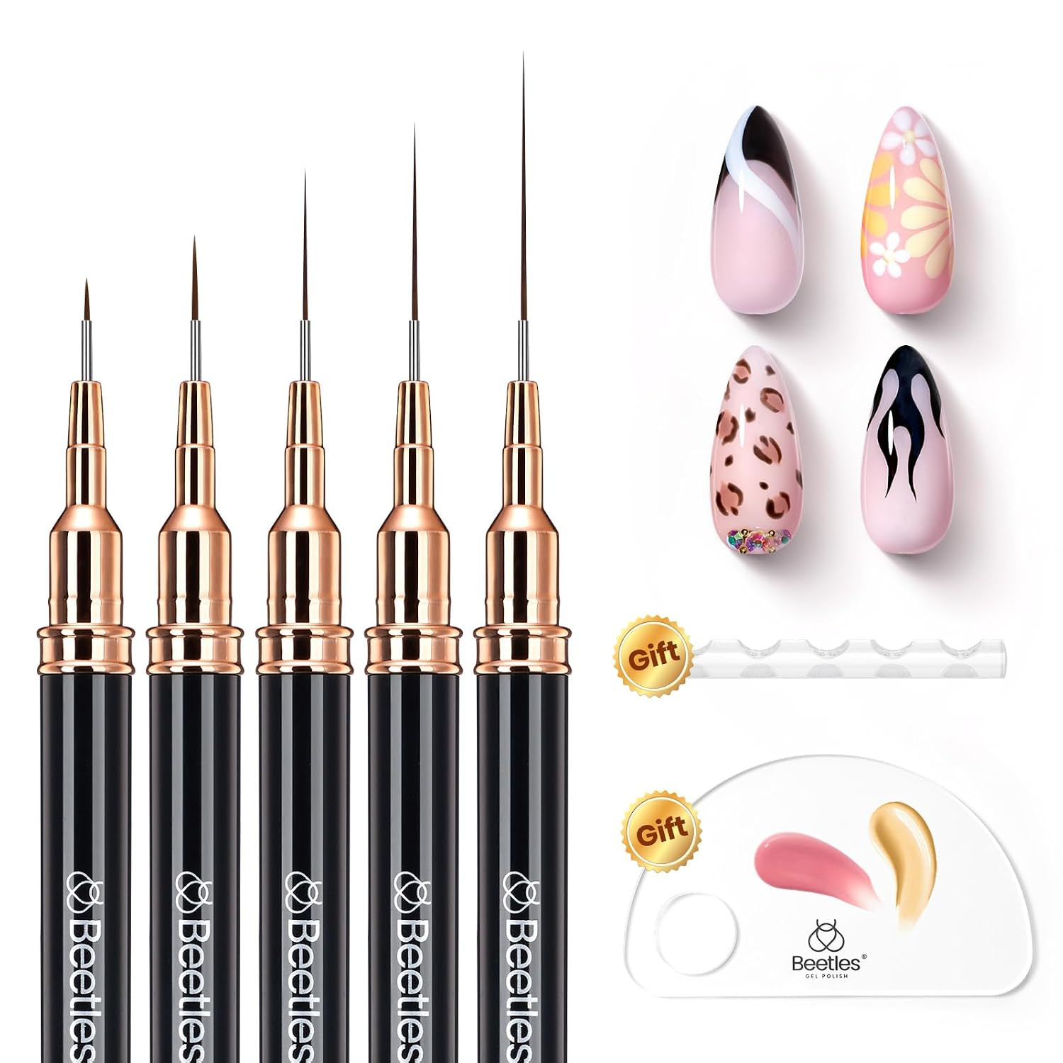 Beetles Liner Brushes for Nails 5Pcs – Metallic Nail Art Brushes Black Nail Art