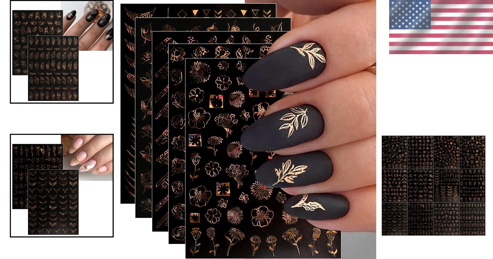 Floral Nail Decals Set: 12 Sheets of Gold Self-Adhesive Art for Gorgeous Nails