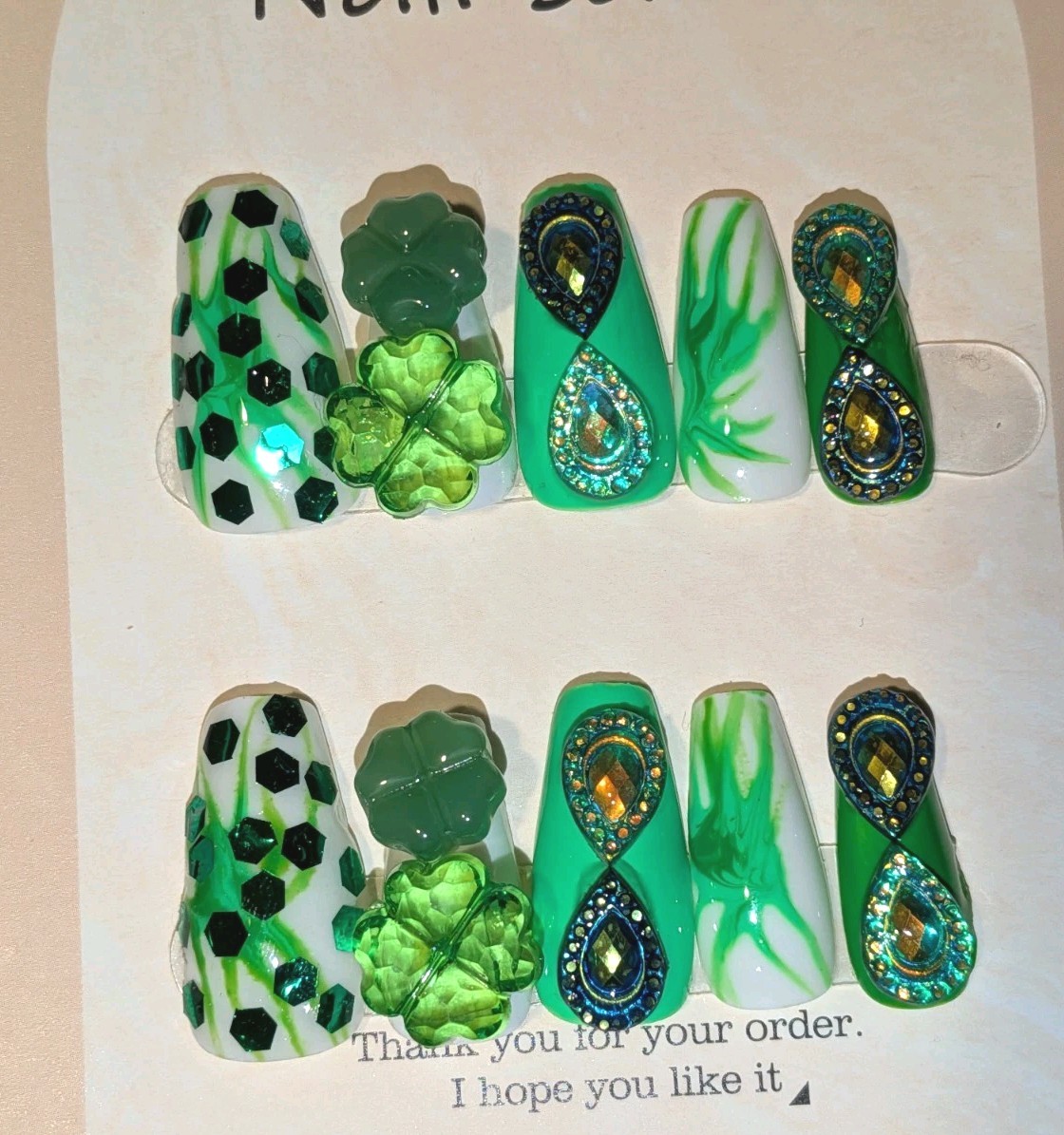Hand Crafted St Patty Short Nail Set with Quality Glowing Gem Accents Sz LARGE