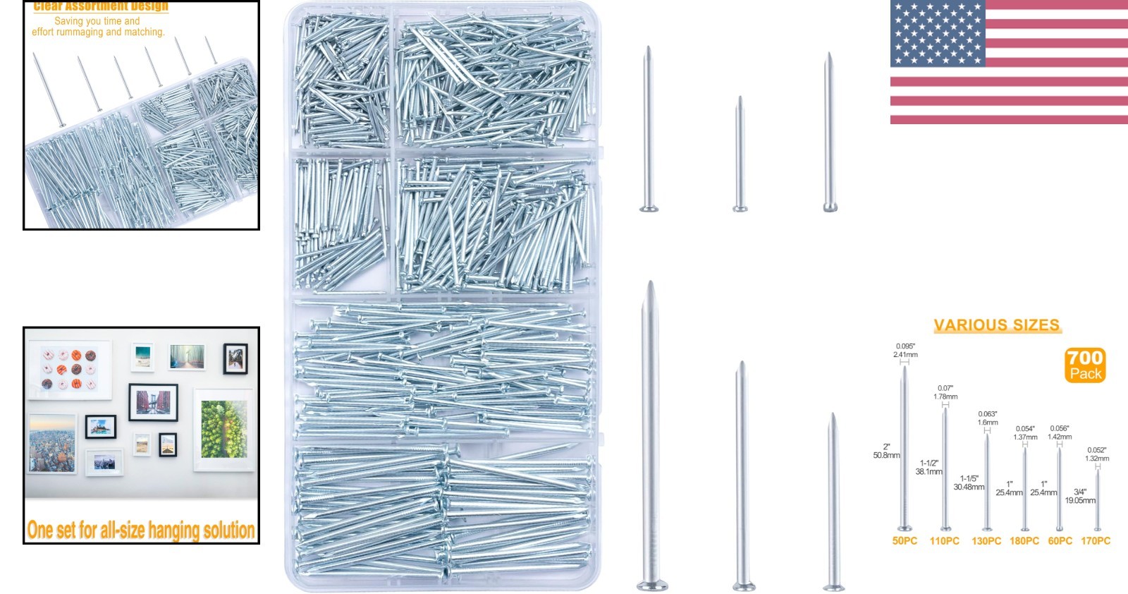 Complete 700-Piece Hanging Nail Set – Includes Up to 2-Inch Finishing Nails