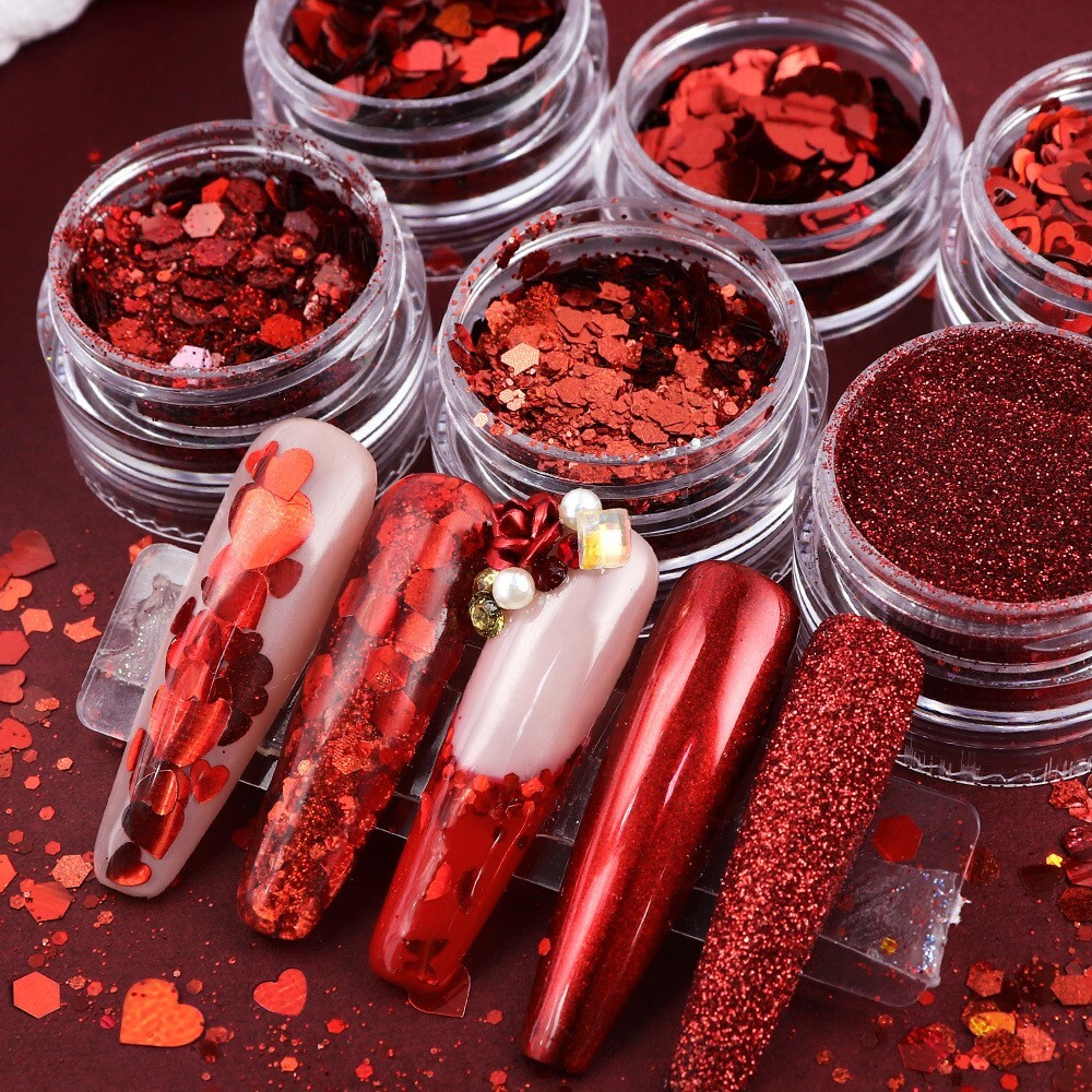 6 Pots Red Nail Art Powder Sequins Set for Valentine’s Day Glitter Flakes DIY De