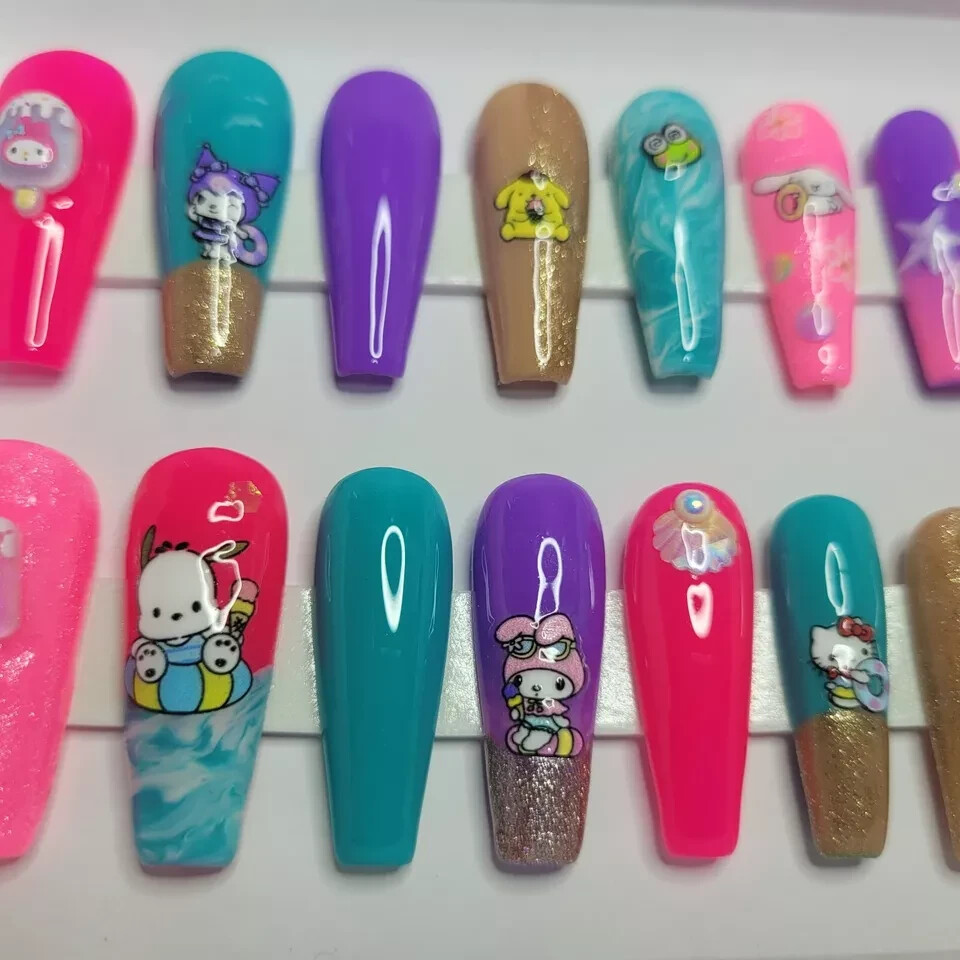 Hello Kitty, Kuromi, My Melody Press-on Nails, Gel, 20 Nail Set, Rhinestones USA