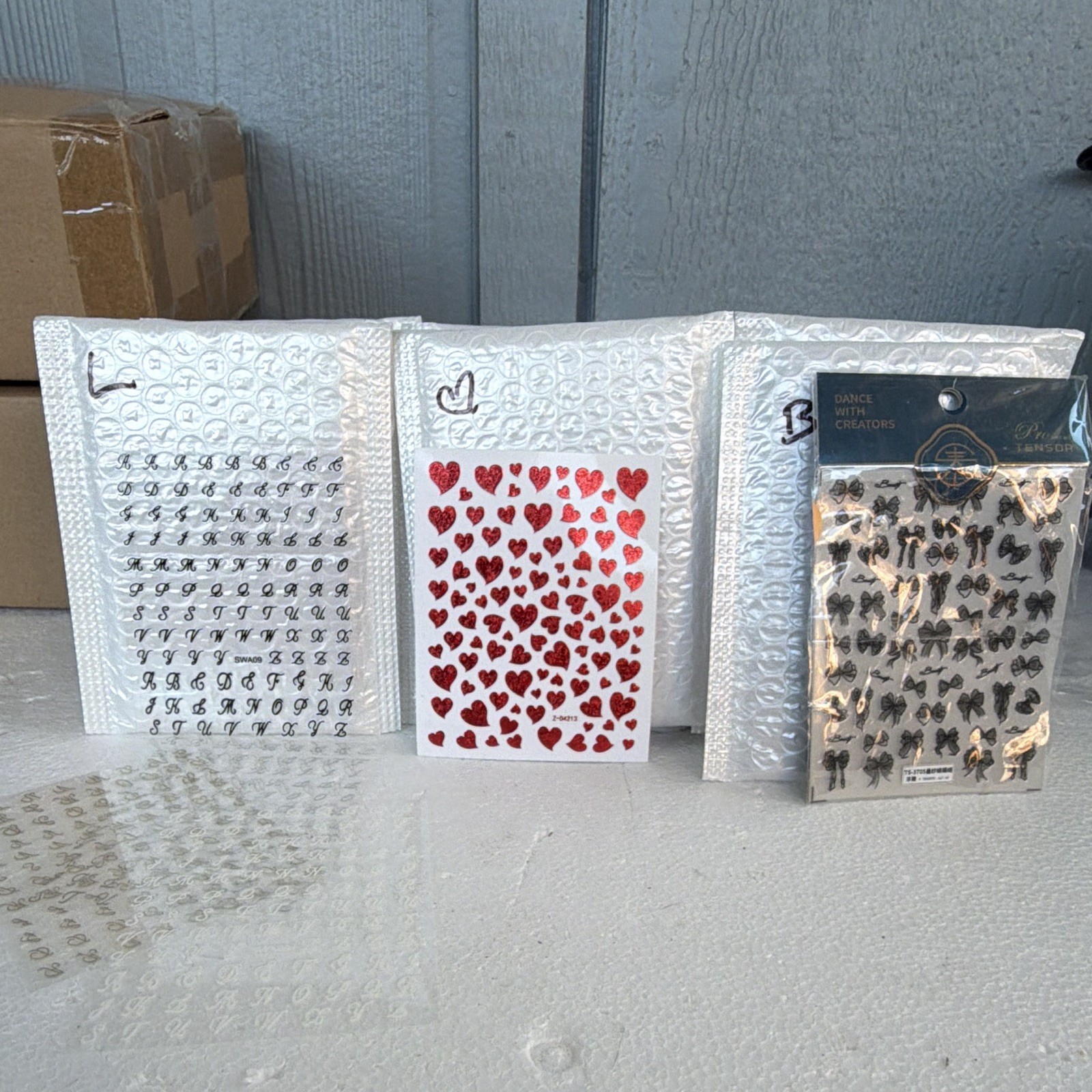 3D Nail Art Lot Self-Adhesive Heart & Bow Decals White, Black, Gold & Silver