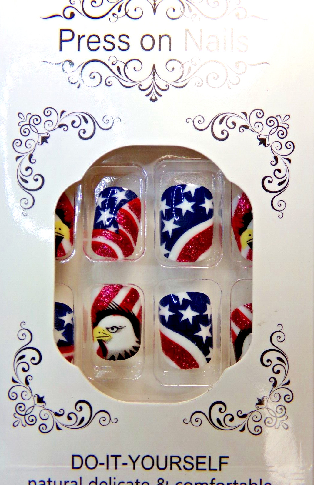 4th of July Nails Shiny American Flag Red White & Blue Stars Eagle GLUE ON SHORT