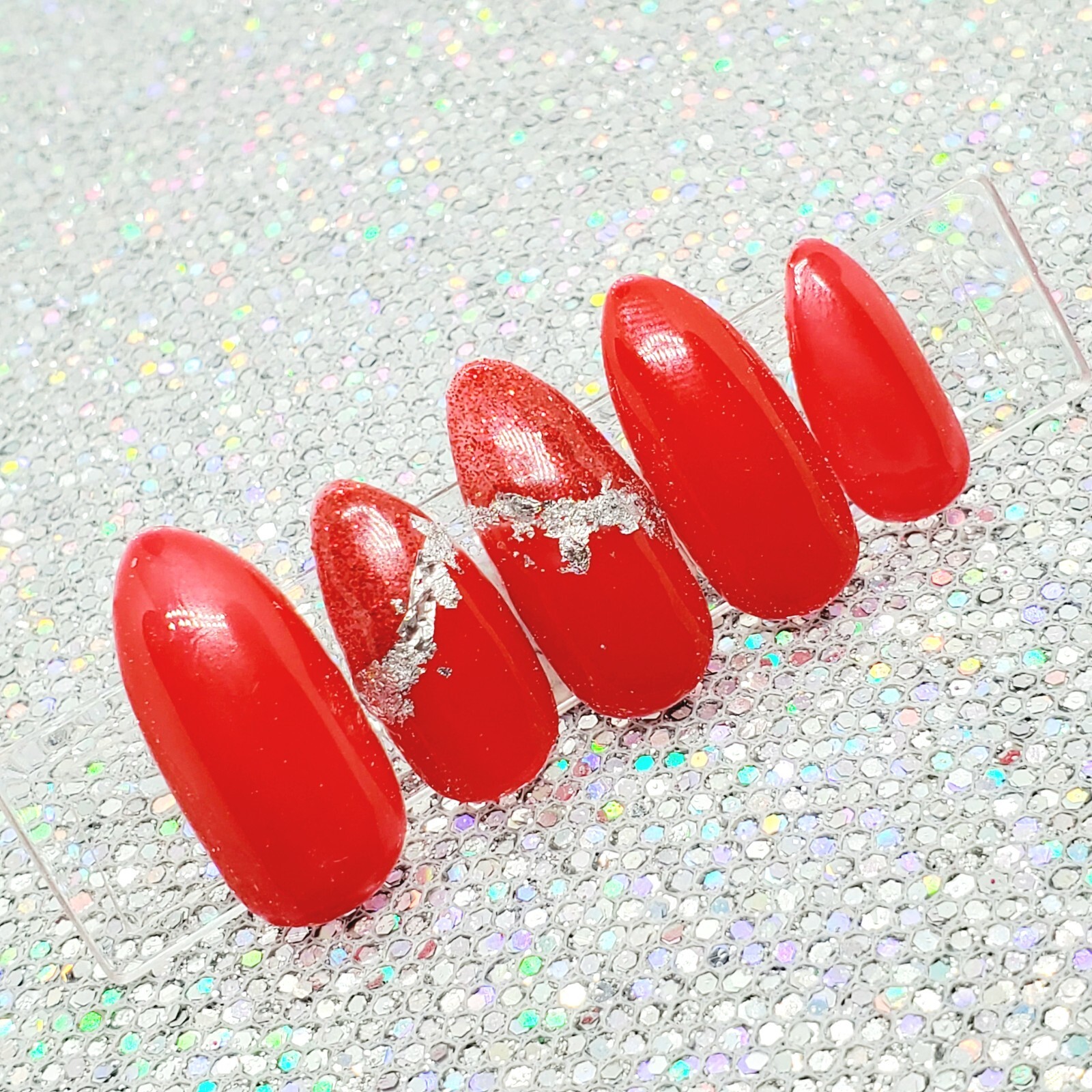 Red Glitter Silver Foil Outline Short Stiletto Press On Nails Handmade Hard Gel