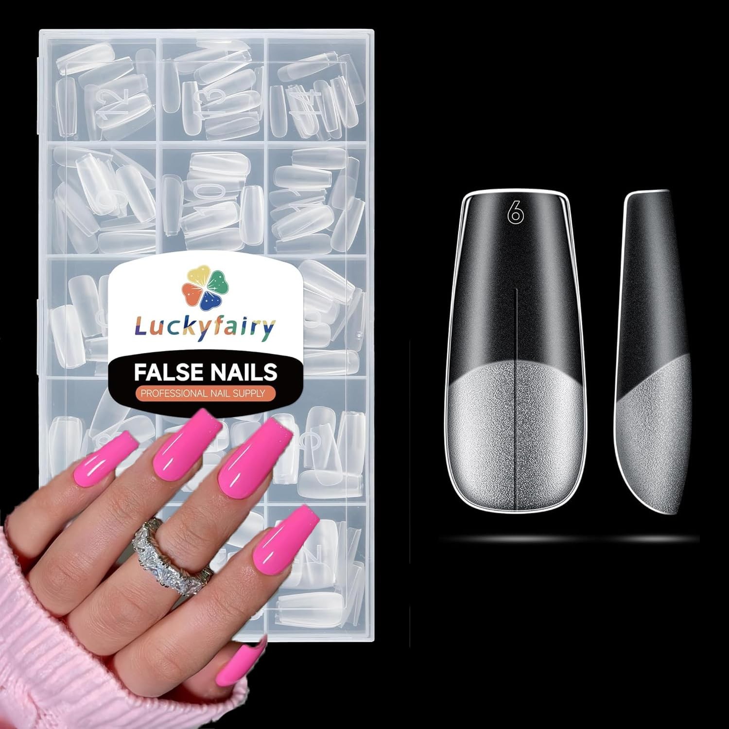 Coffin Nails Tips 15 Sizes Pre-buff Matte Full Cover 360pcs Medium Clear Acrylic