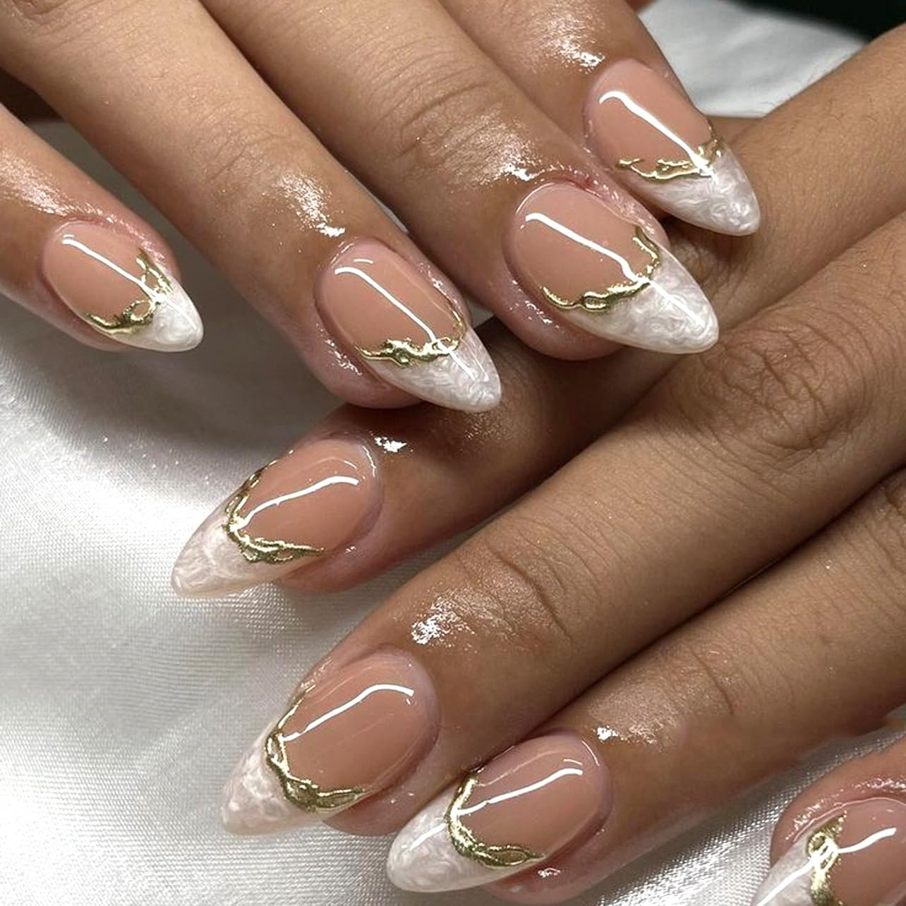 French Short Press on Nails Almond, Nude Fake Nails with Cloudy White French Tip