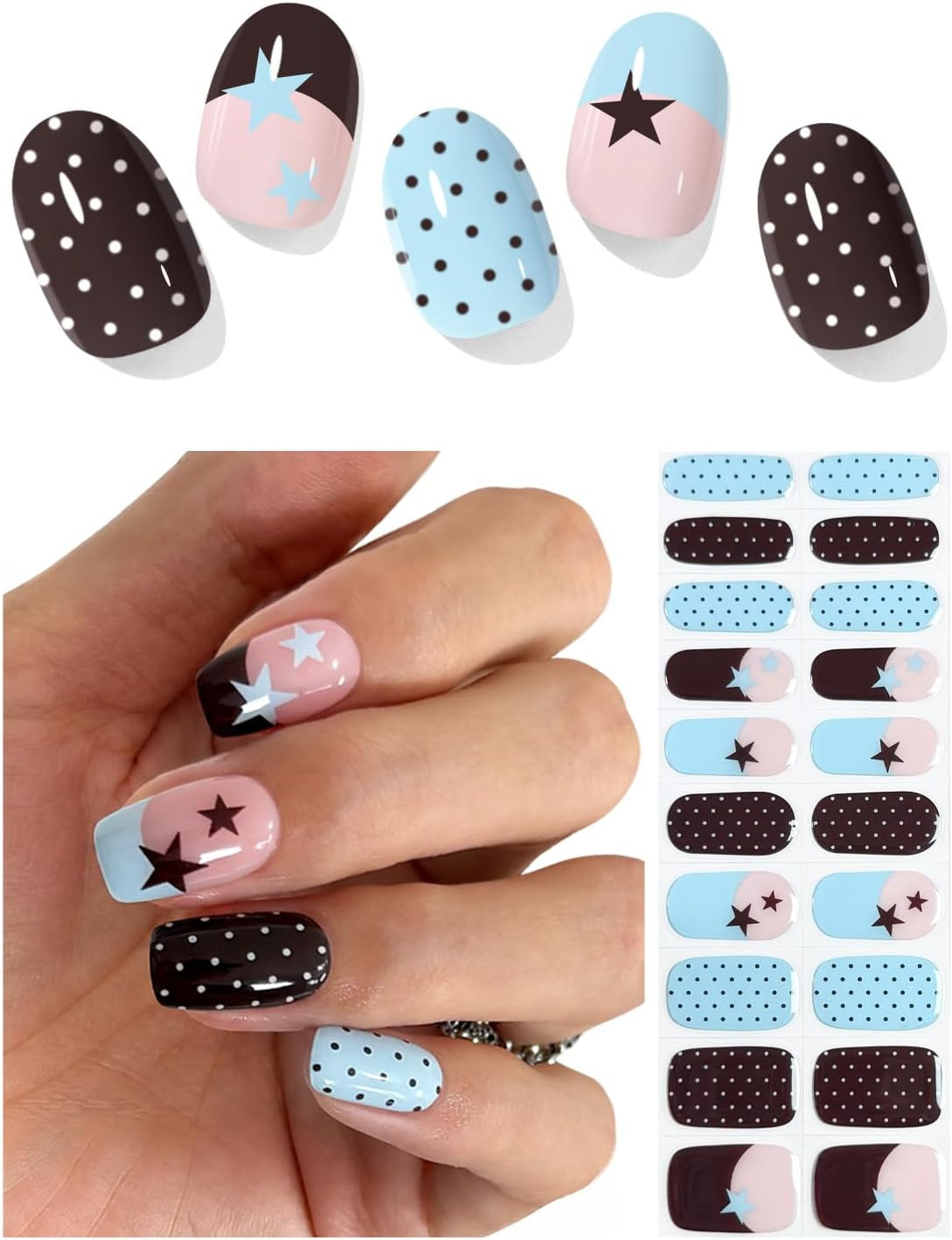 Semi Cured Gel Nail Strips (Polka Dot Stars), 20 Pcs Gel Nail Wraps, Stickers, S