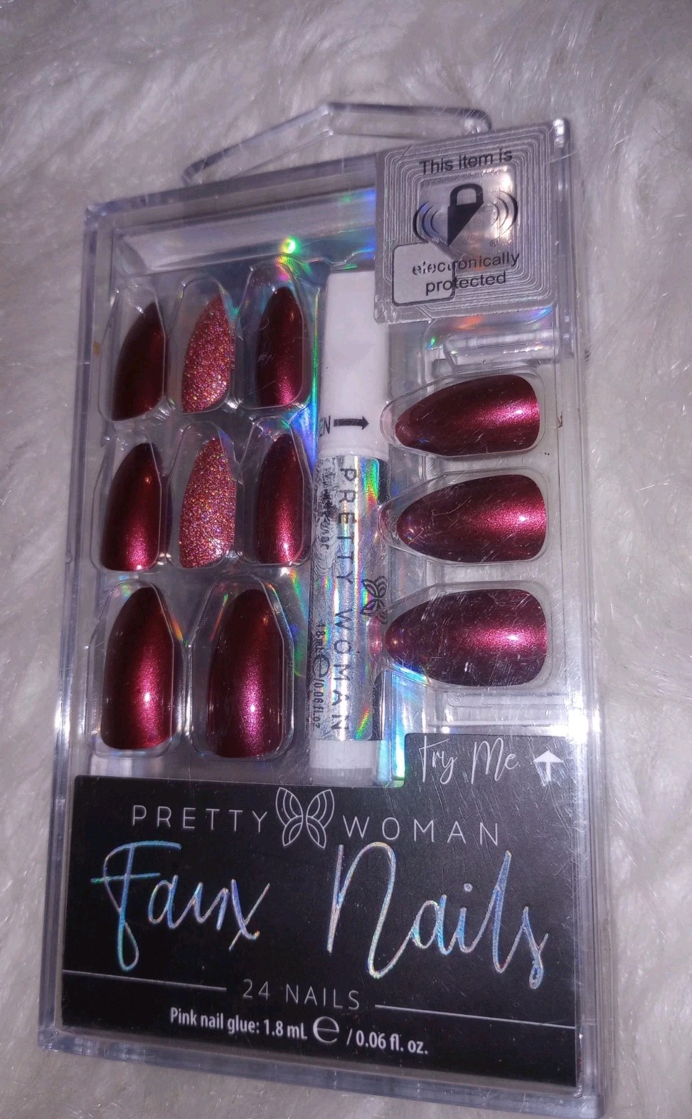 24 Nails Burgundy Press on Faux Fake False Fingernail Pretty Woman Glue Glitter